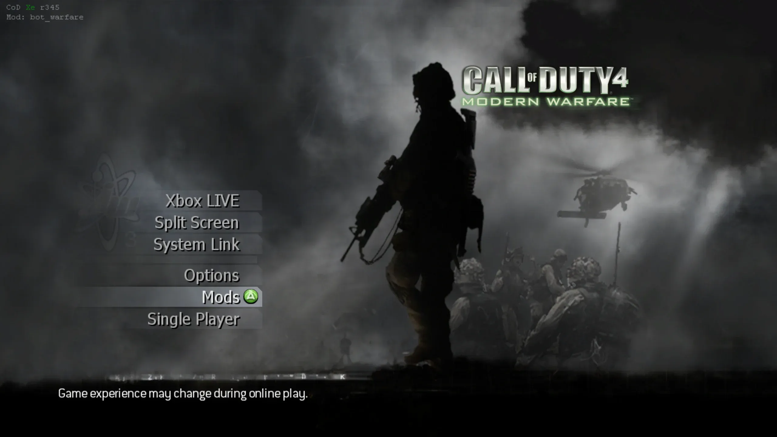 Call of Duty 4 main menu with Bot Warfare active